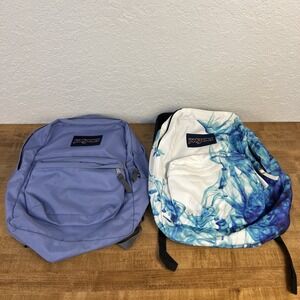 Lot Of 2 JanSport Superbreak 2 Pocket Backpack Blue Drip & Purple